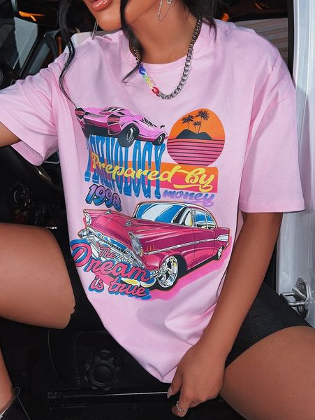 

sxy car & letter graphic drop shoulder oversized tee i4vn#, White