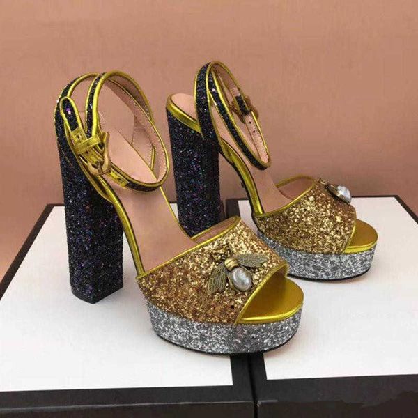 

high heel platform sandals brand designer women summer runway heels peep toe models footwear shoes luxury glitter shoes size35-41 slid, Black