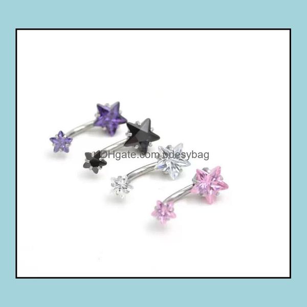 

navel bell button rings body jewelry 316l stainless steel double crystal star gold belly ring piercing cubic zircon wholesale drop deliver, Silver