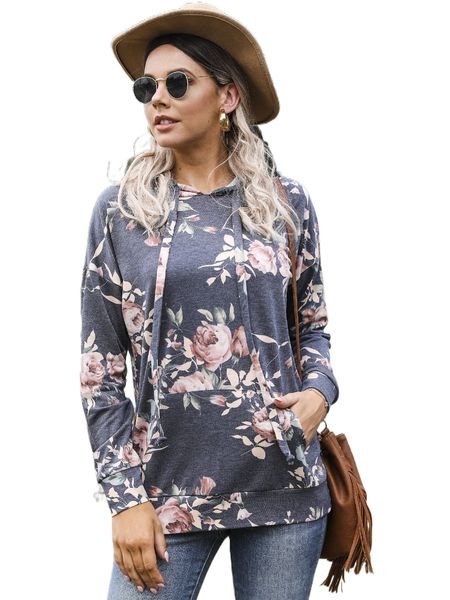 

dearcase kangaroo pocket floral print drawstring hoodie e1m0#, Black