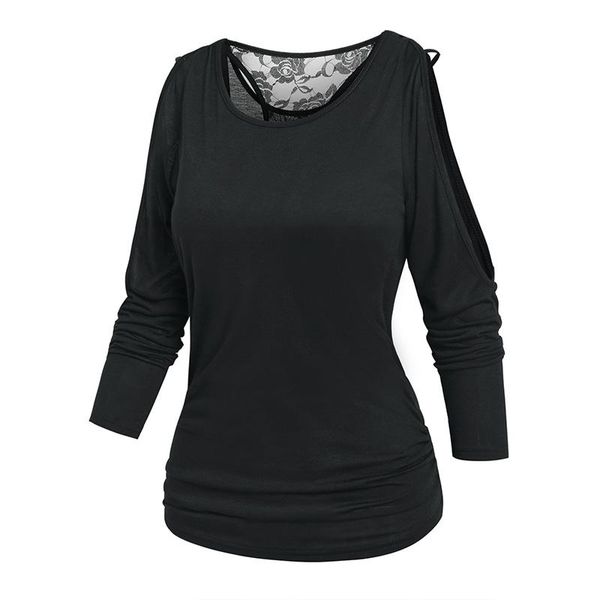 T-shirt da donna tinta unita nera top da donna spalla fredda fiore inserto in pizzo finto twinset donna causale 2 in 1 maglietta streetwear 3XLdonna