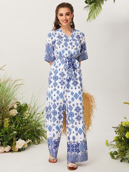 

damask print surplice neck belted wide leg jumpsuit g4vd#, Black;white