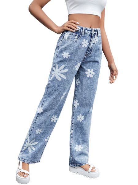 

floral straight leg jeans 81sp#, Blue
