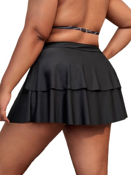 

plus tiered ruffle hem bikini bottom with beach skirt h36b#, Black
