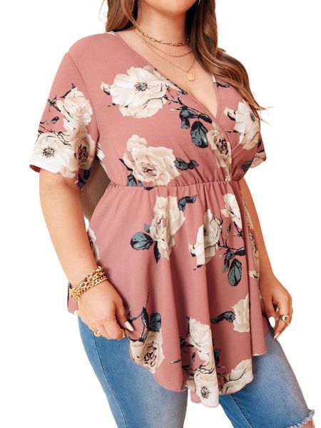 

plus floral print surplice front peplum blouse c7gt#, Black