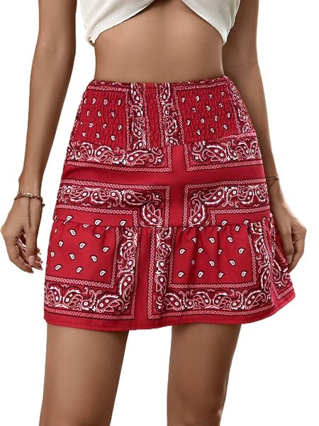 

paisley scarf print shirred ruffle hem skirt 72pj#, Black