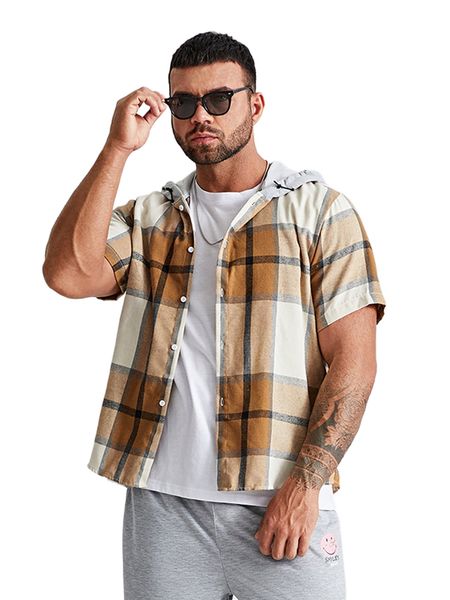 

extended sizes men plaid drawstring hooded shirt without tee f1ek#, White;black