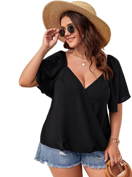 

plus sweetheart neck butterfly sleeve blouse u12y#, Black