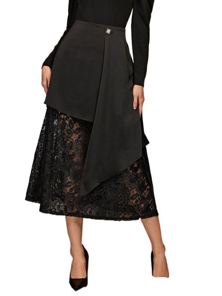 

high waist asymmetrical lace skirt 89lu#, Black