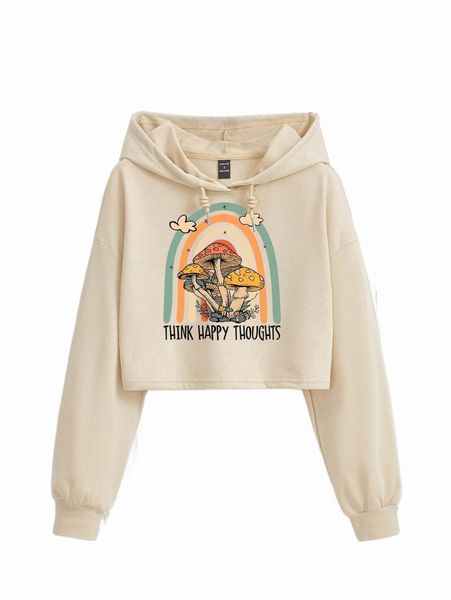 

x butterfly mushroom & slogan graphic drop shoulder drawstring hoodie c6mx#, Black