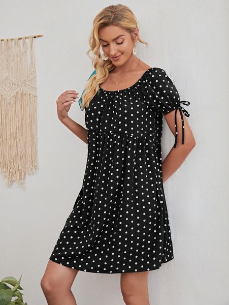 

polka dot knotted babydoll dress f6my#, Black;gray