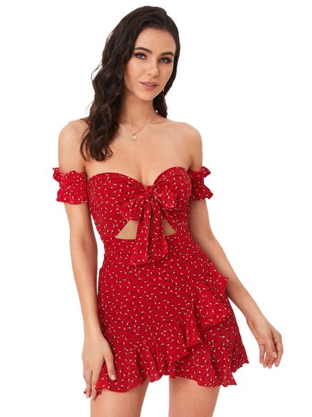 

ditsy floral off shoulder shirred detail ruffle hem dress v9gw#, Black;gray