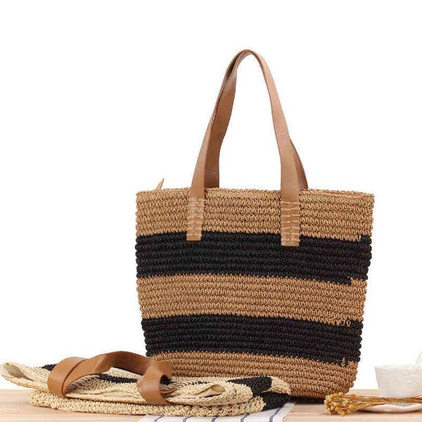 

casual striped large capacity straw bag paper woven women shoulder bags handmade summer beach bag big tote bali holiday purses g220429
