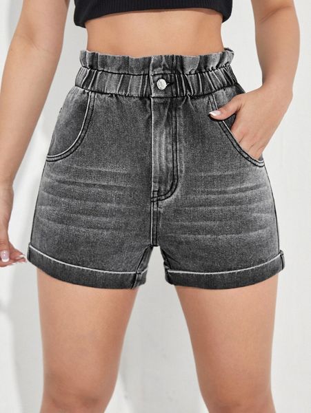 

paper bag waist roll up hem denim shorts l09q#, White;black