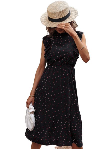

random confetti heart print frill neck ruffle trim dress c1ra#, Black;gray