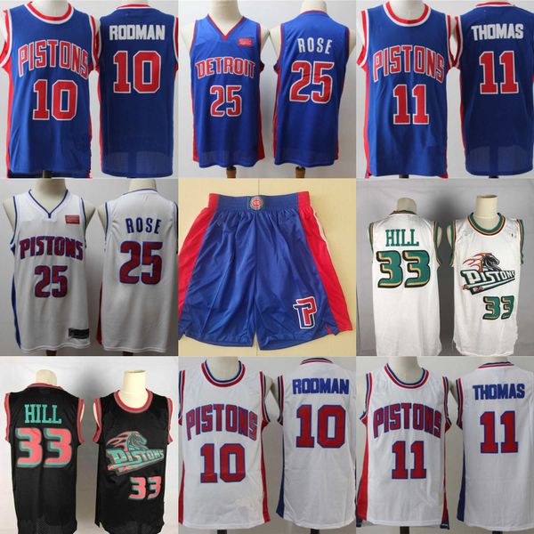

2020 mens detroit''pistons''jersey throwback grant 33 hill isiah 11 thomas dennis 10 rodman blue white basketball shorts, Black;red