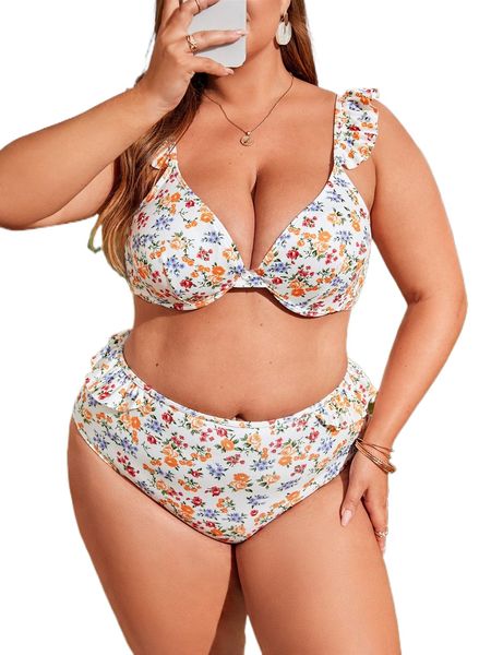 

plus ditsy floral print ruffle trim underwire bikini swimsuit k44a#, White;black