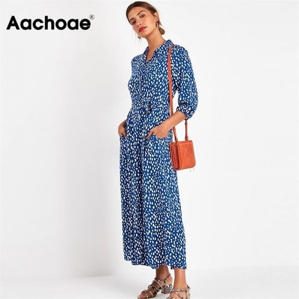 

aachoae women long printed dresses three quarter sleeve bohemian maxi dress turn down collar shirt dress vestidos mujer 210303, Black;gray