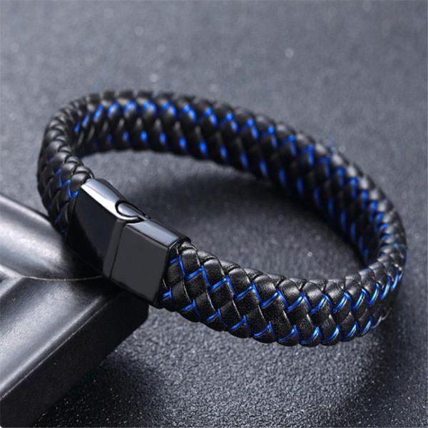 

men jewelry punk black strands blue braided leather bracelet for stainless steel magnetic clasp fashion bangles gifts