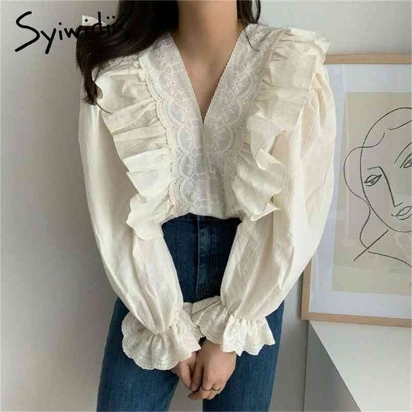 

women shirts v neck korean chic ruffled blouse loose casual solid white fashion woman clothes harajuku 210607