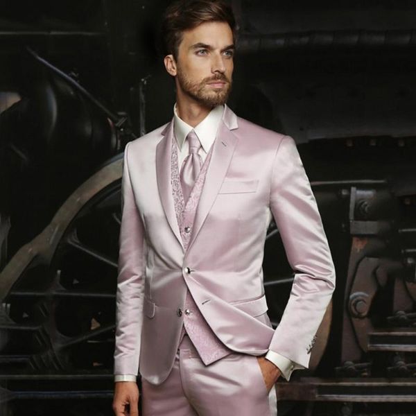 Herrenanzüge, Blazer, glänzender rosa Satin, Herren-Slim-Fit, Bräutigam, Hochzeit, Abschlussball, Smoking, 3-teiliges Sakko, Weste, Hose, Set, Mode, Model-Kleidung, Kostüm, Homm