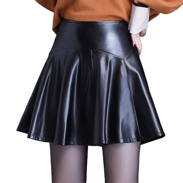 

skirts autumn black high waist women pu leather mini skater skirt for fashion winter ladies short pleated female a2dy#
