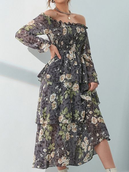 

floral print off shoulder shirred bust layered hem dress b6am#, Black;gray