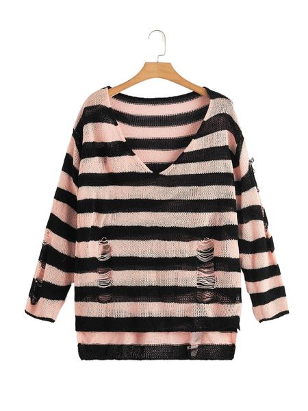 

plus striped pattern ripped drop shoulder sweater t9yr#, Black