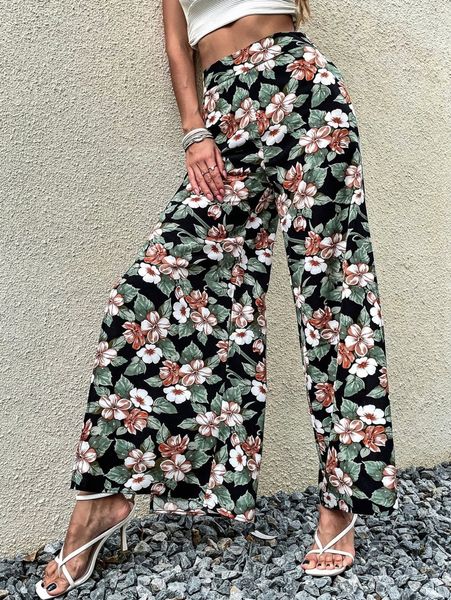 

floral print wide leg split thigh pants k45j#, Black;white