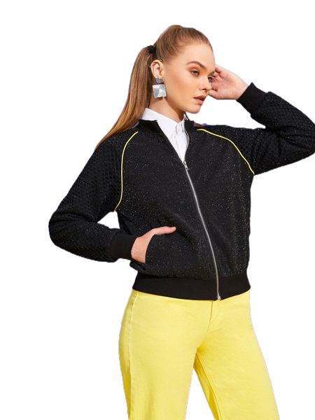 

x eva ruiz contrast piping raglan sleeve zipper jacket i50o#, Black;brown