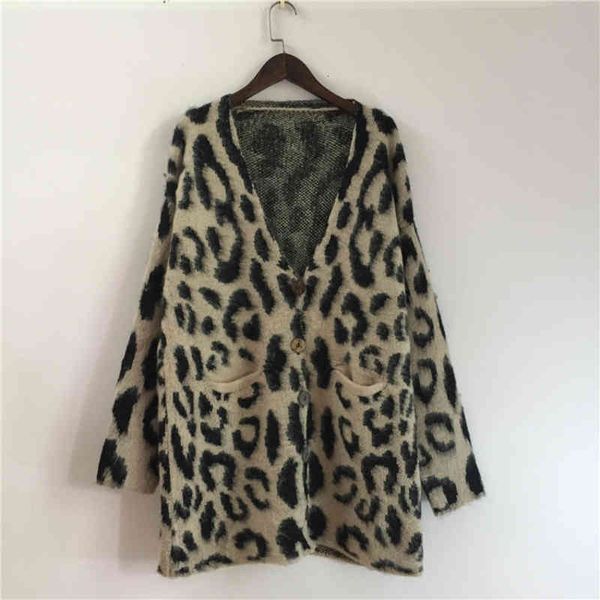 

women's knits tees autumn and winter clothes qi wei same loose lazy medium long v-neck sweater mohair leopard sweater cardigan jacket, White