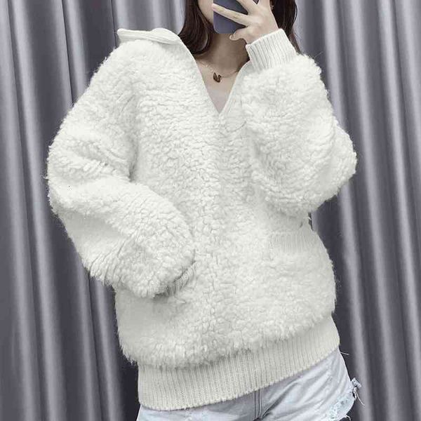 

women's knits & tees shimiya soft waxy loose lapel teddy sweater v-neck thickened warm women's cashmere rbuo, White