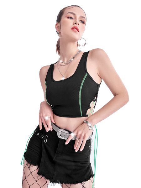 

contrast seam lace up side crop tank q09w#, White