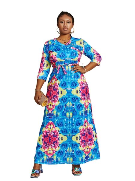 

plus floral print belted dress 84nr#, Black