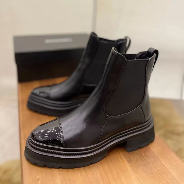 

new black leather ankle chelsea boots platform slip-on round flat booties chunky half boot luxury designer high shoes for women thick heeled