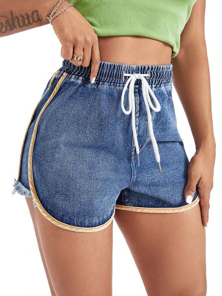 

contrast binding raw trim drawstring denim shorts e41n#, White;black