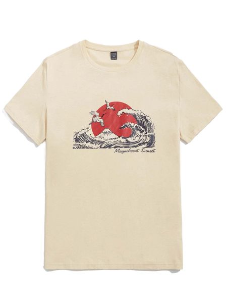 

men crane & wave print tee x1kn#, White;black