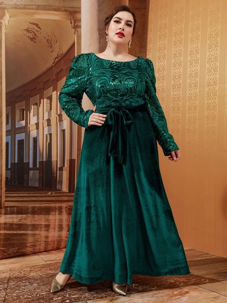

plus sequin decor puff sleeve belted velvet prom dress z7w0#, Black