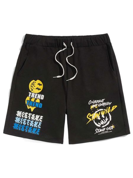 

men letter & expression print drawstring waist shorts l3l9#, White;black