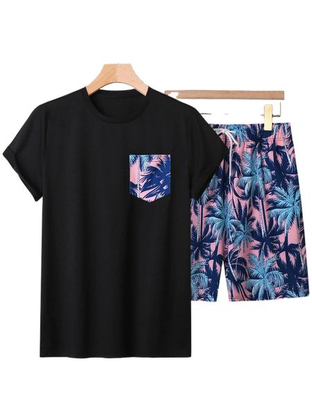 

men tropical print patched pocket tee & drawstring waist shorts a1o4#, Gray