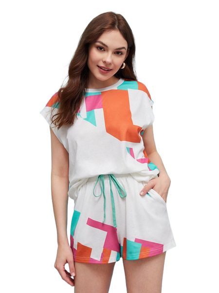 

x equris geo print & drawstring waist track shorts set r1fu#, White