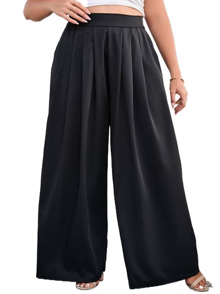 

plus high waist plicated detail wide leg pants w2qt#, Black