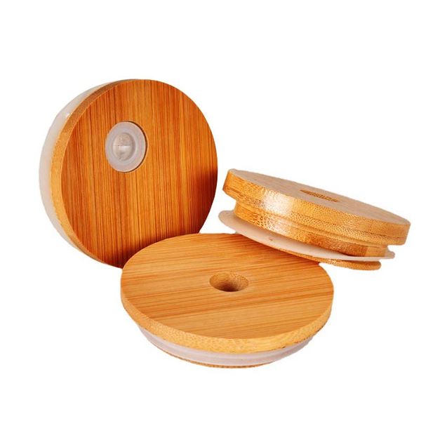 Coperchio della tazza di bambù della fabbrica 70mm 65mm Coperchi riutilizzabili del barattolo di legno di legno con il foro della paglia e la valvola della cannuccia del silicone Consegna gratuita DHL