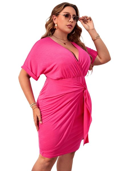 

plus solid tie front surplice neck dolman sleeve dress 92rk#, Black
