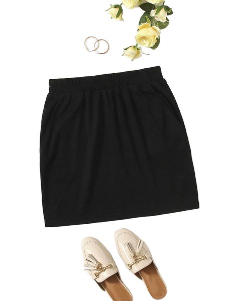 

solid elastic waist skirt r6ff#, Black