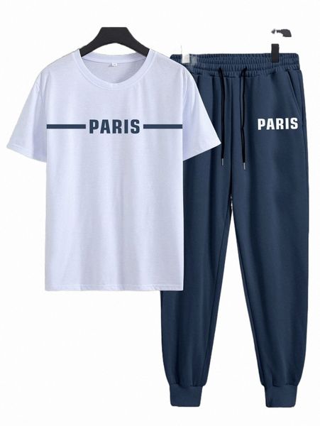 

men letter graphic tee & drawstring waist sweatpants d2us#, Gray