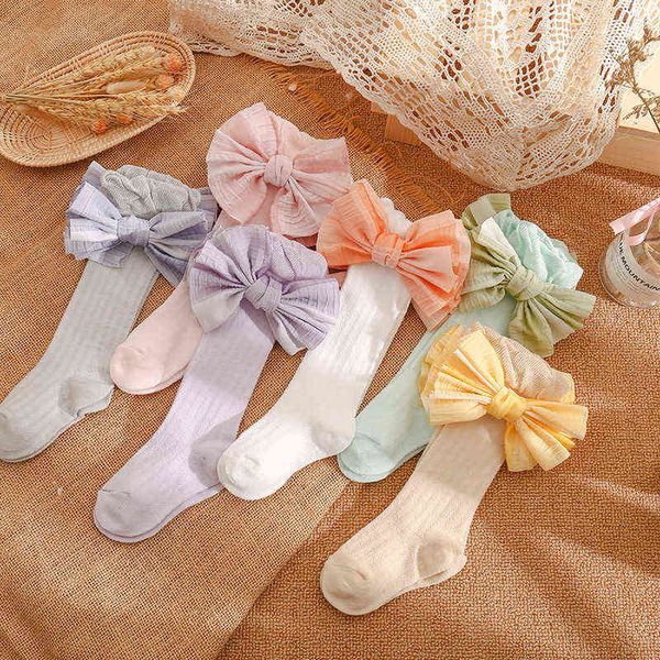 Meninas respiráveis ​​meninas macias meias de tubo longo laço Bow Girls Girls Cotton Mesh recém -nascido Kids Princess Kneehigh Socks Long J220621