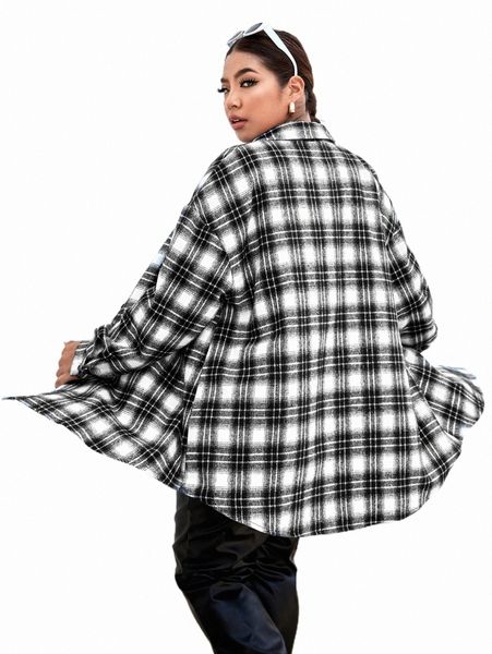 

plus plaid print drop shoulder coat 469i#, Black