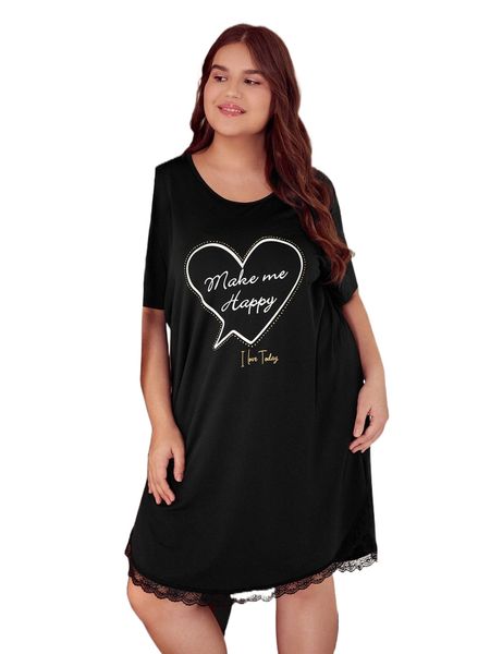 

plus slogan & heart print lace trim nightdress 83r5#, Black;white