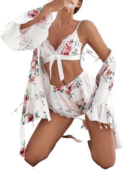 

floral print bow front belted ruffle hem satin pj set s9oc#, Black;red